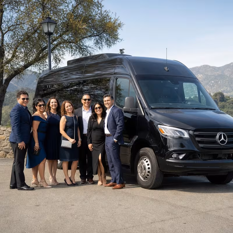 Group beside a Mercedes Sprinter limo from the Pasadena fleet