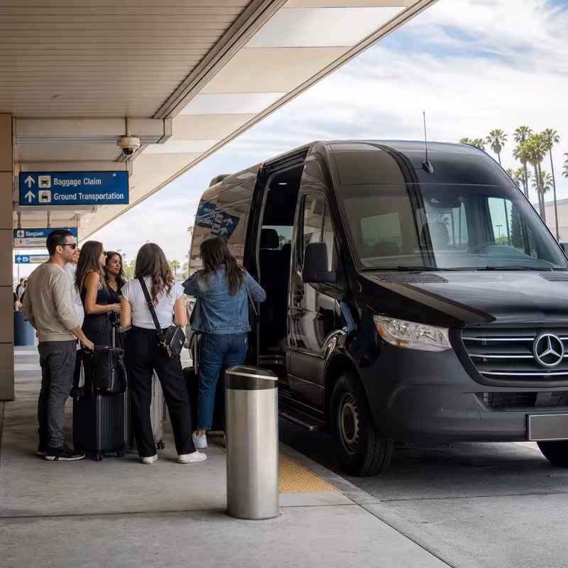 Group boarding a white charter bus for Airport Transportation transportation in Pasadena