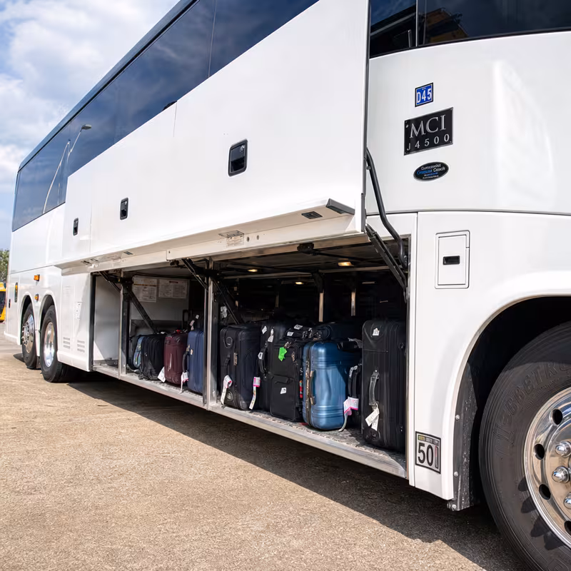 Party bus interior with wraparound leather seating and LED lighting in Pasadena