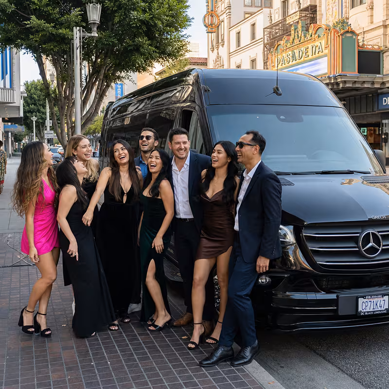 Group boarding a white charter bus for Bachelor & Bachelorette Transportation transportation in Pasadena