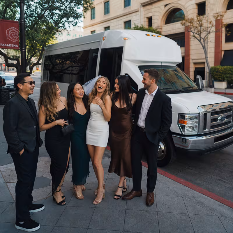 Black Mercedes Sprinter van staged for an Pasadena Bachelor & Bachelorette Transportation group