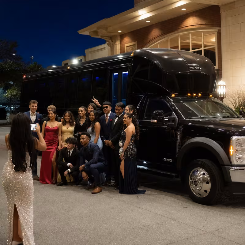 Party bus interior with wraparound leather seating and LED lighting in Pasadena