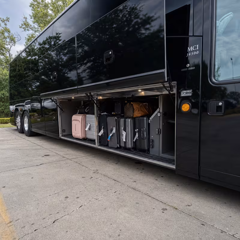 Party bus interior with wraparound leather seating and LED lighting in Pasadena