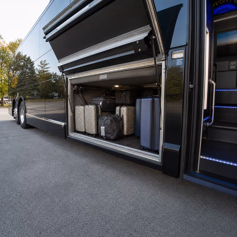 Party bus interior with wraparound leather seating and LED lighting in Pasadena