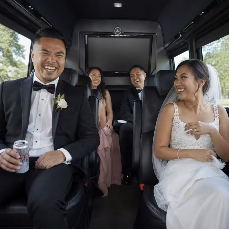 Black Mercedes Sprinter van staged for an Pasadena Wedding Transportation group